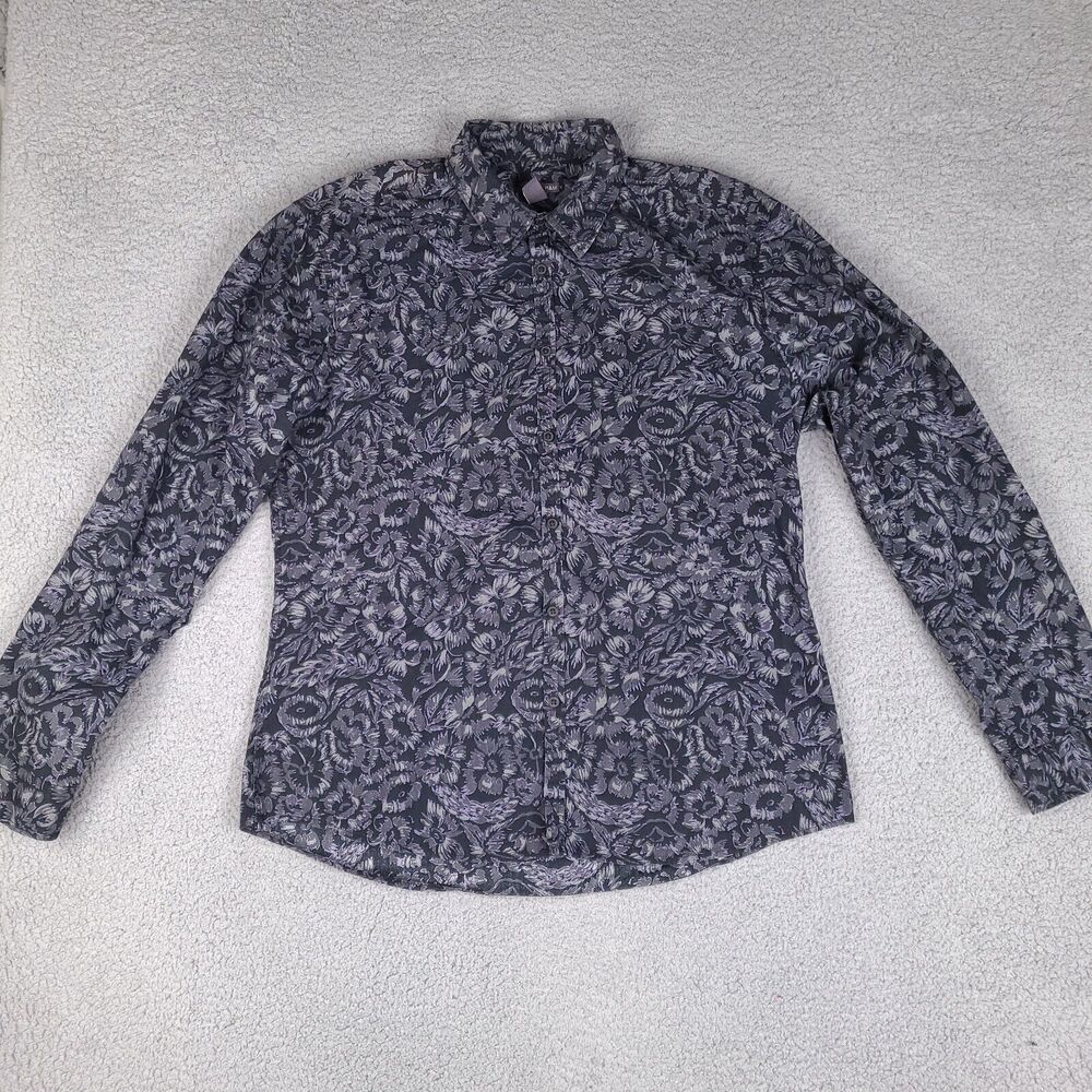 H&M Shirt Mens XL Black Gray Floral‎ Button Down Long Sleeve Cotton